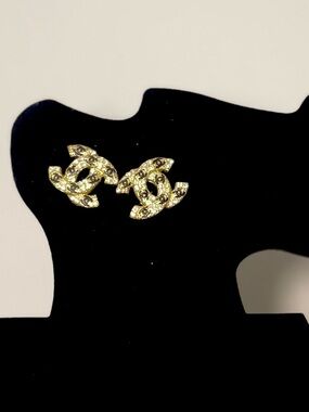 Gold Crystal Double-C Logo Stud Earrings